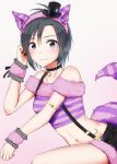  1girl animal_ears antenna_hair armlet bell bell_collar black_eyes black_hair black_nails black_ribbon black_shorts cat_ears cat_tail cheshire_cat cheshire_cat_(cosplay) collar collarbone cosplay crop_top fake_animal_ears fur-trimmed_shorts hair_between_eyes hairband highres idolmaster idolmaster_(classic) kikuchi_makoto looking_at_viewer midriff mogskg nail_polish navel pink_hairband ribbon short_hair short_shorts shorts simple_background solo stomach striped_tail suspender_shorts suspenders tail white_background wrist_cuffs 