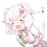  1girl :d ^_^ animal_ears blush broom choker closed_eyes commentary elbow_gloves eyebrows_visible_through_hair frilled_skirt frills gloves kemono_friends musical_note note_(suzu_note000) open_mouth pig_(kemono_friends) pig_ears pig_nose pig_tail pink_hair puffy_short_sleeves puffy_sleeves short_hair short_sleeves skirt smile solo spoken_musical_note tail white_gloves white_hair 