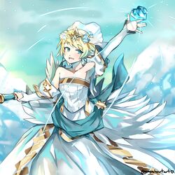  1girl arm_up blonde_hair blue_eyes blue_hair bride commentary crown dress earrings fire_emblem fire_emblem_heroes fjorm_(fire_emblem_heroes) flower graysheartart hair_flower hair_ornament highres jewelry multicolored_hair open_mouth short_hair solo strapless strapless_dress twitter_username wedding_dress white_dress 