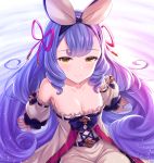  1girl animal_ears bangs bare_shoulders bed_sheet blonde_hair blue_hair blue_ribbon blush breasts detached_sleeves dress drill_hair fake_animal_ears from_above granblue_fantasy hair_ornament hair_ribbon hat highres lips long_hair looking_at_viewer medium_breasts off_shoulder pink_lips purple_hair ribbon sitting smile tomo_(user_hes4085) very_long_hair vetor_(granblue_fantasy) white_dress yellow_eyes 