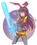  1girl animal_ears breasts brown_eyes brown_hair bunny_girl bunny_tail chainsaw commentary covered_navel highres iesupa long_hair one_eye_closed rabbit_ears rwby shorts solo tail velvet_scarlatina 