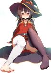  1girl ass bandaged_leg bandages belt black_gloves black_legwear black_panties blush breasts brown_hair cape collar fingerless_gloves furau gloves hat highres kono_subarashii_sekai_ni_shukufuku_wo! looking_at_viewer megumin open_mouth panties red_eyes short_hair_with_long_locks single_thighhigh sitting small_breasts solo thigh-highs underwear witch_hat 