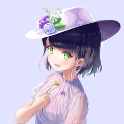  1girl :d bangs black_hair blue_flower blue_rose blush dress eyebrows_visible_through_hair fingernails flower green_eyes hat hat_flower holding holding_flower mitamura open_mouth original puffy_short_sleeves puffy_sleeves purple_background purple_dress purple_flower purple_headwear rose see-through see-through_sleeves short_hair short_sleeves simple_background smile solo tilted_headwear upper_body yellow_flower 