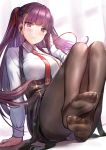  1girl arm_support bangs black_legwear black_skirt blush breasts closed_mouth commentary earphones eyebrows_visible_through_hair feet girls_frontline gloves hair_ribbon half_updo high-waist_skirt large_breasts long_hair looking_at_viewer necktie no_shoes one_side_up pantyhose purple_hair qian_wu_atai red_eyes red_neckwear ribbon shirt skirt solo suspender_skirt suspenders thighband_pantyhose toes v-shaped_eyebrows very_long_hair wa2000_(girls_frontline) 