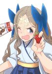  1girl asakaze_(kantai_collection) bangs blue_bow blue_hakama bow commentary_request condensed_milk cream food forehead fruit furisode hair_bow hakama japanese_clothes kantai_collection kimono light_brown_hair long_hair looking_at_viewer meiji_schoolgirl_uniform one_eye_closed open_mouth parted_bangs sexually_suggestive sidelocks simple_background solo strawberry upper_body wavy_hair wavy_mouth white_background yuzuruka_(bougainvillea) 