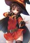  1girl :d bandaged_leg bandages belt black_gloves black_legwear blush breasts brown_hair cape collarbone commentary_request cowboy_shot dress fingerless_gloves gloves hand_up hat highres kono_subarashii_sekai_ni_shukufuku_wo! looking_at_viewer megumin open_mouth outstretched_arm ramchi red_dress red_eyes short_hair signature single_thighhigh skindentation small_breasts smile solo thigh-highs witch_hat 