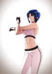  1girl abs axia-chan black_gloves blue_eyes blue_hair breasts ciel commentary commission cross-body_stretch crossed_arms fingerless_gloves gloves groin highres medium_breasts navel open_mouth pants short_hair solo sports_bra stretch sweat sweatpants toned tsukihime white_background 
