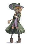  1girl amefurashi black_legwear blonde_hair boots braid commentary elf full_body hat holding holding_staff long_hair original patterned_clothing pointy_ears robe short_shorts shorts solo staff thigh-highs white_background wide_sleeves witch witch_hat 