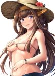  1girl :d anchor_symbol bangs bare_shoulders bikini blue_shorts blush breasts brown_hair casual collarbone commentary_request double_bun eyebrows_visible_through_hair flower groin hand_on_own_chest hand_on_own_stomach hat hat_flower headgear hibiscus highres ichikawa_feesu kantai_collection kongou_(kantai_collection) long_hair looking_at_viewer navel open_mouth pink_bikini remodel_(kantai_collection) shorts sidelocks simple_background smile solo stomach straw_hat swimsuit tareme very_long_hair violet_eyes watch watch white_background 