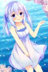  1girl :d bangs bare_arms bare_shoulders blue_eyes blue_hair blurry blurry_background blush breasts cherry_blossoms collarbone commentary_request depth_of_field dress eyebrows_visible_through_hair flower gochuumon_wa_usagi_desu_ka? hair_between_eyes hair_ornament hand_up kafuu_chino kedama_(kedama_akaza) long_hair looking_at_viewer open_mouth petals pink_flower sidelocks sleeveless sleeveless_dress small_breasts smile solo sparkle twintails water white_dress x_hair_ornament 