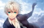  1boy amputee blue_eyes cardigan collared_shirt commentary_request kihidari89 looking_at_viewer male_focus open_cardigan open_clothes original outdoors shirt sky smile solo sweater tears white_hair white_shirt 