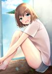 1girl :d bangs bare_legs barefoot black_shorts blue_eyes blue_sky blush brown_hair clouds cloudy_sky commentary_request day eyebrows_visible_through_hair fang hair_between_eyes highres indoors looking_at_viewer looking_to_the_side minami_saki open_mouth original shirt short_shorts short_sleeves shorts sitting sky smile solo thighs water white_shirt wide_sleeves 