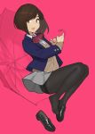  1girl :d black_legwear brown_eyes brown_hair highres loafers looking_at_viewer miru_tights moegi_homi open_mouth pantyhose pink_background pleated_skirt school_uniform shoes short_hair simple_background single_shoe skirt smile solo thighband_pantyhose umbrella yomu_(sgt_epper) 