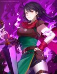  1girl artist_name aura belt black_hair breastplate chocojax closed_mouth commentary dark_aura dark_persona dress earrings fingerless_gloves fire_emblem fire_emblem:_thracia_776 fire_emblem_heroes gloves holding holding_sword holding_weapon jewelry long_hair mareeta_(fire_emblem) pouch red_eyes red_gloves shadow_sword_(fire_emblem) shoulder_armor sleeveless solo sword thigh_strap weapon 