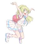  1girl arms_up backpack bag blonde_hair commentary_request full_body gengoru green_eyes lillie_(pokemon) long_hair navel open_mouth pokemon pokemon_(game) pokemon_sm ponytail shirt shoes short_sleeves simple_background skirt socks solo white_background white_legwear white_shirt white_skirt 