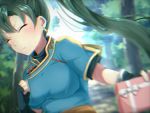  1girl aone_hiiro blue_dress blurry blush breasts clenched_hand closed_eyes commentary_request depth_of_field dress earrings embarrassed fingerless_gloves fire_emblem fire_emblem:_rekka_no_ken forest frown gift gloves green_hair jewelry lyndis_(fire_emblem) nature path ponytail road 