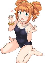  1girl :d aqua_eyes bangs barefoot black_school_swimsuit brown_hair collarbone eyebrows_visible_through_hair hair_ornament hair_scrunchie heart highres idolmaster idolmaster_(classic) long_hair open_mouth school_swimsuit scrunchie simple_background sitting smile solo swimsuit takatsuki_yayoi tsurui twintails wariza white_background wrist_cuffs yellow_scrunchie 