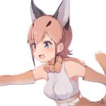 1girl :3 bare_shoulders belt black_hair blue_eyes blush bow bowtie caracal_(kemono_friends) caracal_ears caracal_tail commentary_request elbow_gloves extra_ears eyebrows_visible_through_hair gloves high-waist_skirt kemono_friends light_brown_hair light_brown_skirt multicolored_hair note_(suzu_note000) open_mouth short_hair sidelocks skirt sleeveless solo tail