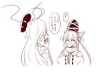  2girls :d ^_^ ahoge bangs benizuwai blush closed_eyes commentary_request eyebrows_visible_through_hair facing_another food from_behind hair_between_eyes hat hat_ribbon hata_no_kokoro holding holding_food huge_ahoge long_hair long_sleeves mask mask_on_head monochrome mononobe_no_futo multiple_girls open_mouth plaid plaid_shirt ribbon ribbon-trimmed_sleeves ribbon_trim shirt smile speech_bubble tate_eboshi touhou translation_request upper_body v-shaped_eyebrows very_long_hair wide_sleeves 