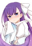  1girl bangs blue_eyes blush bow closed_mouth eyebrows_visible_through_hair fate/extra fate/extra_ccc fate_(series) hair_between_eyes hair_bow head_tilt i.u.y jacket juliet_sleeves long_sleeves looking_at_viewer meltryllis nose_blush puffy_sleeves purple_hair simple_background sleeves_past_fingers sleeves_past_wrists solo upper_body v-shaped_eyebrows white_background white_bow white_jacket 