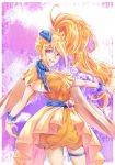  1girl :d blonde_hair collarbone cowboy_shot cure_etoile dress floating_hair g_tear hair_between_eyes hair_ornament highres hugtto!_precure kagayaki_homare long_hair looking_at_viewer open_mouth orange_eyes outstretched_arm precure short_dress side_ponytail sleeveless sleeveless_dress smile solo standing star star_hair_ornament thigh_strap very_long_hair wrist_cuffs yellow_capelet yellow_dress 