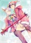  2boys animal_ears antlers bell black_gloves black_hair blazer blue_eyes blush bow bowtie brown_eyes christmas extra_ears gloves hat hood hood_down ice_skates jacket jewelry katsuki_yuuri male_focus multiple_boys no_pants pig_ears pig_tail reindeer_antlers reindeer_ears ribbon ring santa_costume santa_hat silver_hair skates smile snowflakes tail viktor_nikiforov yuri!!!_on_ice yuyu_(yuyudesu0806) 