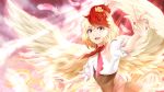  1girl :d animal animal_on_head arkatopia arm_up bangs bird blonde_hair brown_dress chick commentary_request dress eyebrows_visible_through_hair feathered_wings feathers hair_between_eyes highres looking_at_viewer multicolored_hair niwatari_kutaka on_head open_mouth red_neckwear redhead shirt short_hair smile solo touhou two-tone_hair upper_body violet_eyes white_shirt wings yellow_wings 