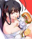  1girl antenna_hair armor bangs between_breasts black_hair breasts commentary_request cup eating food food_on_face french_fries full_mouth hair_ornament hair_rings hamburger hawe_king holding holding_food japanese_armor large_breasts long_hair long_sleeves looking_at_viewer nail_polish off-shoulder_shirt off_shoulder original ponytail red_nails shirt shoulder_armor sidelocks sitting sode solo white_shirt 