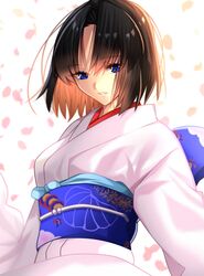  1girl blue_eyes blurry blurry_background brown_hair cherry_blossoms exa_(koyuru) eyebrows_visible_through_hair hair_between_eyes highres japanese_clothes kara_no_kyoukai kimono looking_at_viewer looking_down multicolored_hair obi parted_lips petals ryougi_shiki sash shiny shiny_hair short_hair solo standing two-tone_hair upper_body white_kimono 