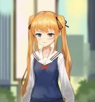  1girl absurdres black_ribbon blonde_hair blue_eyes fang hair_ribbon highres looking_at_viewer ribbon saenai_heroine_no_sodatekata sawamura_spencer_eriri skin_fang solo taktori twintails 