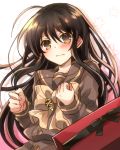  1girl ahoge alastor_(shakugan_no_shana) black_hair blush bow bowtie gift gradient gradient_background green_serafuku hair_between_eyes jewelry long_hair looking_at_viewer pendant pink_background school_uniform serafuku shakugan_no_shana shana solo star starry_background tachitsu_teto upper_body white_background yellow_bow 