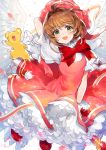 1girl :d arm_up bangs blurry blurry_background blush bow brown_hair cardcaptor_sakura commentary_request creature depth_of_field dress eyebrows_visible_through_hair feathered_wings gloves green_eyes hair_between_eyes hat head_tilt highres kero kinomoto_sakura looking_at_viewer mika_pikazo open_mouth petals pink_dress puffy_short_sleeves puffy_sleeves red_bow red_footwear red_headwear shirt shoes short_sleeves sleeveless sleeveless_dress smile white_background white_gloves white_shirt white_wings wings 