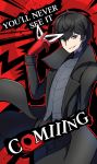  1boy abstract_background amamiya_ren atlus black_coat black_eyes black_hair black_pants black_vest english_text gloves got_&#039;em highres holding holding_mask looking_at_viewer male_focus mask mask_removed megami_tensei meme nintendo pants persona persona_5 phiphi-au-thon red_background red_gloves smile solo super_smash_bros. vest 