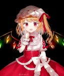  1girl alternate_costume arm_up bangs black_background blonde_hair bow breasts cowboy_shot crystal eyebrows_visible_through_hair fang finger_to_cheek flandre_scarlet frilled_shirt frills glowing hair_ribbon hat layered_skirt looking_at_viewer mob_cap open_mouth pale_skin pointy_ears puffy_short_sleeves puffy_sleeves red_eyes red_skirt ribbon sakipsakip shirt short_hair short_sleeves side_ponytail simple_background skin_fang skirt small_breasts solo standing swept_bangs touhou twitter_username underbust white_bow white_headwear white_shirt wings wrist_cuffs 