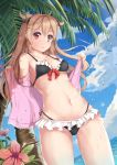  1girl adapted_costume bikini black_bikini blue_sky breasts brown_eyes clouds collarbone cowboy_shot day frilled_bikini frills hair_flaps heterochromia highres kantai_collection light_brown_hair long_hair mia_(kuja999) murasame_(kantai_collection) navel outdoors palm_tree red_eyes remodel_(kantai_collection) sailor_bikini sailor_collar side-tie_bikini sky small_breasts smile solo swimsuit tree two_side_up wet 