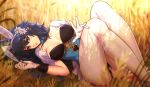  1girl alternate_costume animal_ears ass bangs blue_eyes blue_hair breasts bunnysuit commentary english_commentary esther eyebrows_visible_through_hair fire_emblem fire_emblem:_kakusei fire_emblem_heroes flower grass hair_flower hair_ornament head_tilt knees_up legs_together long_hair looking_at_viewer lucina lying medium_breasts on_back outdoors outstretched_hand pantyhose parted_lips puffy_sleeves rabbit_ears shade solo sunlight tall_grass thighs 