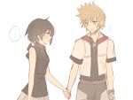  ... 1boy 1girl ? black_hair blonde_hair blush highres holding_hands jewelry kingdom_hearts kingdom_hearts_iii looking_at_another necklace printemps roxas short_hair simple_background sketch skirt sleeveless spiky_hair spoken_ellipsis upper_body white_background wristband xion_(kingdom_hearts) 