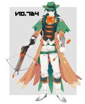  1boy arrow belt boots bow bow_(weapon) clenched_hand crossbow decidueye earrings feather_earrings full_body glasses gloves green_headwear grey_background hat highres holding_arrow jewelry looking_at_viewer male_focus orange_bow pants personification pokemon shioya_(soooooolt) simple_background sniper_scope solo vest weapon white_footwear white_gloves white_pants 