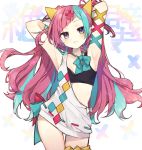  1girl :i armpits arms_up asymmetrical_clothes bare_shoulders black_gloves blue_eyes blue_hair blue_neckwear bow bowtie closed_mouth commentary cowboy_shot flat_chest gloves hair_ornament half_gloves kawaii_rowa long_hair looking_at_viewer loose_neckwear midriff multicolored_hair pink_hair pinky_pop_hepburn solo sports_bra the_moon_studio thigh_scrunchie two-tone_hair very_long_hair virtual_youtuber x_hair_ornament 