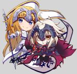  2girls armor armored_dress bangs blonde_hair blue_eyes braid cape chibi commentary_request eyebrows_visible_through_hair fate/apocrypha fate/grand_order fate_(series) flag fur-trimmed_cape fur_collar fur_trim gauntlets grey_background headpiece highres jeanne_d&#039;arc_(alter)_(fate) jeanne_d&#039;arc_(fate) jeanne_d&#039;arc_(fate)_(all) multiple_girls short_hair shunichi silver_hair standard_bearer sword thigh-highs tsurime weapon yellow_eyes 