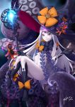  &gt;:) 1girl abigail_williams_(fate/grand_order) absurdres ass bangs black_bow black_gloves black_headwear black_legwear blurry blurry_foreground bow closed_mouth commentary_request depth_of_field elbow_gloves fate/grand_order fate_(series) full_body gloves glowing hat hat_bow highres holding holding_key key kneehighs long_hair looking_at_viewer navel nude orange_bow oversized_object pale_skin parted_bangs print_bow red_eyes revealing_clothes signature silver_hair skull_print smile solo star star_print suction_cups tentacles v-shaped_eyebrows very_long_hair witch_hat yuber.x 