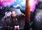  2girls :d abigail_williams_(fate/grand_order) abigail_williams_(fate/grand_order)_(cosplay) bags_under_eyes bangs black_bow black_headwear black_jacket blonde_hair blue_eyes blue_sky blush bow cabbie_hat clouds cloudy_sky commentary_request cosplay day eyebrows_visible_through_hair fate/grand_order fate_(series) flower hair_bow hair_bun hat heroic_spirit_traveling_outfit highres jacket kuro_yanagi lavinia_whateley_(fate/grand_order) long_hair long_sleeves matching_outfit motion_blur multiple_girls object_hug open_mouth orange_bow outdoors outstretched_arm parted_bangs petals pink_flower shrine silver_hair sitting sitting_on_stairs sky sleeves_past_fingers sleeves_past_wrists smile spring_(season) stairs star statue stone_stairs stuffed_animal stuffed_toy teddy_bear torii tree violet_eyes wide-eyed 