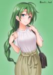  1girl alternate_costume anti_(untea9) bag black_bag blue_eyes braid commentary_request cowboy_shot detached_sleeves eyebrows_visible_through_hair finger_to_mouth green_background green_hair green_skirt handbag highres kantai_collection long_hair looking_at_viewer mole mole_under_mouth ribbed_sweater simple_background single_braid skirt smile solo sweater twitter_username very_long_hair white_sweater yuugumo_(kantai_collection) 