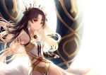  1girl armlet asymmetrical_legwear asymmetrical_sleeves bad_id bad_pixiv_id bangs bare_shoulders black_hair blush breasts bridal_gauntlets commentary_request crown detached_collar earrings elbow_gloves fate/grand_order fate_(series) gloves hair_ribbon highres hoop_earrings ishtar_(fate/grand_order) jewelry long_hair looking_at_viewer medium_breasts navel neck_ring parted_bangs pelvic_curtain red_eyes ribbon single_elbow_glove single_thighhigh smile solo thigh-highs two_side_up yohaku 