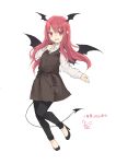  1girl :d adapted_costume bangs black_dress black_footwear black_pants black_sash blush commentary_request demon_tail demon_wings dress eyebrows_visible_through_hair full_body hand_on_own_chest head_wings high_heels highres koakuma leggings long_hair long_sleeves looking_at_viewer open_mouth pants plaid plaid_dress pocket pointy_ears red_eyes redhead sash shirt signature smile solo tail touhou toutenkou translation_request unmoving_pattern white_shirt wings 