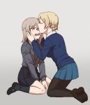  2girls bangs black_footwear black_legwear black_skirt blonde_hair blue_eyes blue_skirt blue_sweater braid commentary consoling crying crying_with_eyes_open darjeeling dress_shirt eyebrows_visible_through_hair forehead_kiss girls_und_panzer grey_background grey_shirt half-closed_eyes hands_on_another&#039;s_head itsumi_erika kiss kneeling kuromorimine_school_uniform leaning_forward loafers long_hair long_sleeves looking_at_another miniskirt multiple_girls pantyhose pleated_skirt sad school_uniform shirt shoes short_hair silver_hair simple_background sitting skirt socks st._gloriana&#039;s_school_uniform sweater tears tied_hair torinone v_arms wariza white_shirt yuri 