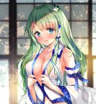  1girl arm_ribbon artist_name ayane_yui bangs bare_shoulders blue_eyes blue_ribbon blurry blurry_background blush breasts collarbone commentary_request covered_nipples eyebrows_visible_through_hair frog_hair_ornament green_hair hair_ornament hair_tubes highres indoors kochiya_sanae large_breasts light_particles long_hair long_sleeves looking_at_viewer navel parted_lips ribbon shirt single_sidelock smile snake_hair_ornament solo sweat touhou twitter_username upper_body white_shirt wide_sleeves 