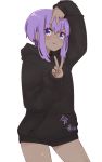  &gt;:) 1girl alternate_costume arm_up bangs black_hoodie blush closed_mouth cowboy_shot dark_skin eyebrows_visible_through_hair fate/prototype fate/prototype:_fragments_of_blue_and_silver fate_(series) hair_between_eyes hassan_of_serenity_(fate) hood hood_down hoodie i.u.y long_sleeves puffy_long_sleeves puffy_sleeves purple_hair simple_background sleeves_past_wrists smile solo translated v-shaped_eyebrows violet_eyes white_background 