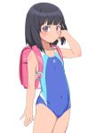  1girl backpack bag bangs black_hair blue_swimsuit blunt_bangs blush bubukka closed_mouth collarbone competition_swimsuit covered_navel flat_chest himenogi_rinze love_r one-piece_swimsuit randoseru short_hair simple_background solo standing swimsuit violet_eyes white_background 