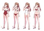  1girl bikini blush breasts fan_la_norne full_body hair_ribbon long_hair looking_at_viewer misu_kasumi navel one-piece_swimsuit ponytail ribbon shirt simple_background smile swimsuit xenoblade_(series) xenoblade_2 xenoblade_2:_ogon_no_kuri_ira yellow_eyes 